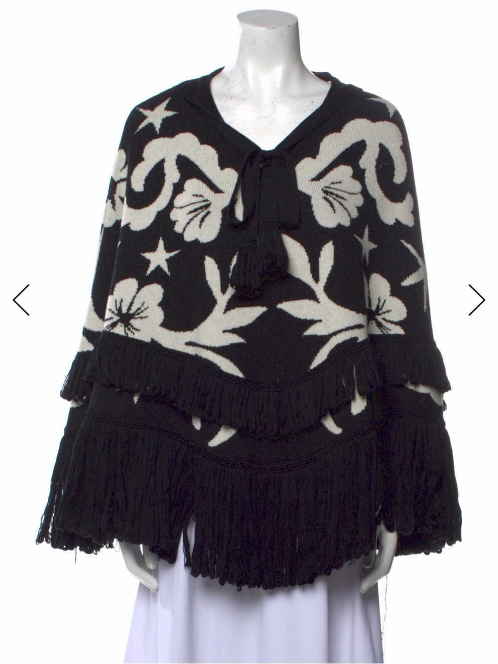 Hayley Menzies Black & White Floral Fringe Poncho Knit